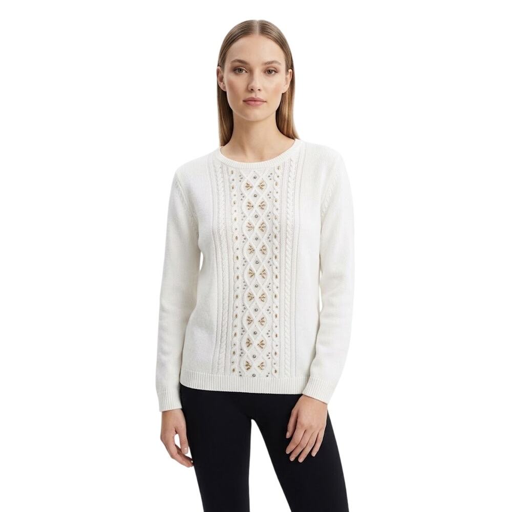 Vintage-Style Pearl & Gold Beaded Knit Winter White Sweater Size Large
